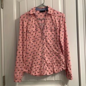 New York & Company Pink Striped Shirt with Bow Pattern